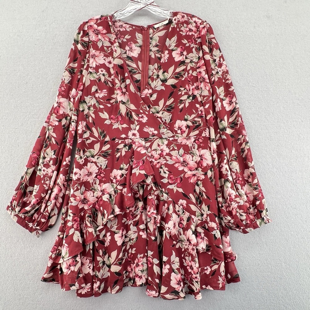 Mi Ami Wine Floral Long Peasant Sleeve Blouse Fully Lined Mini Dress Size Large